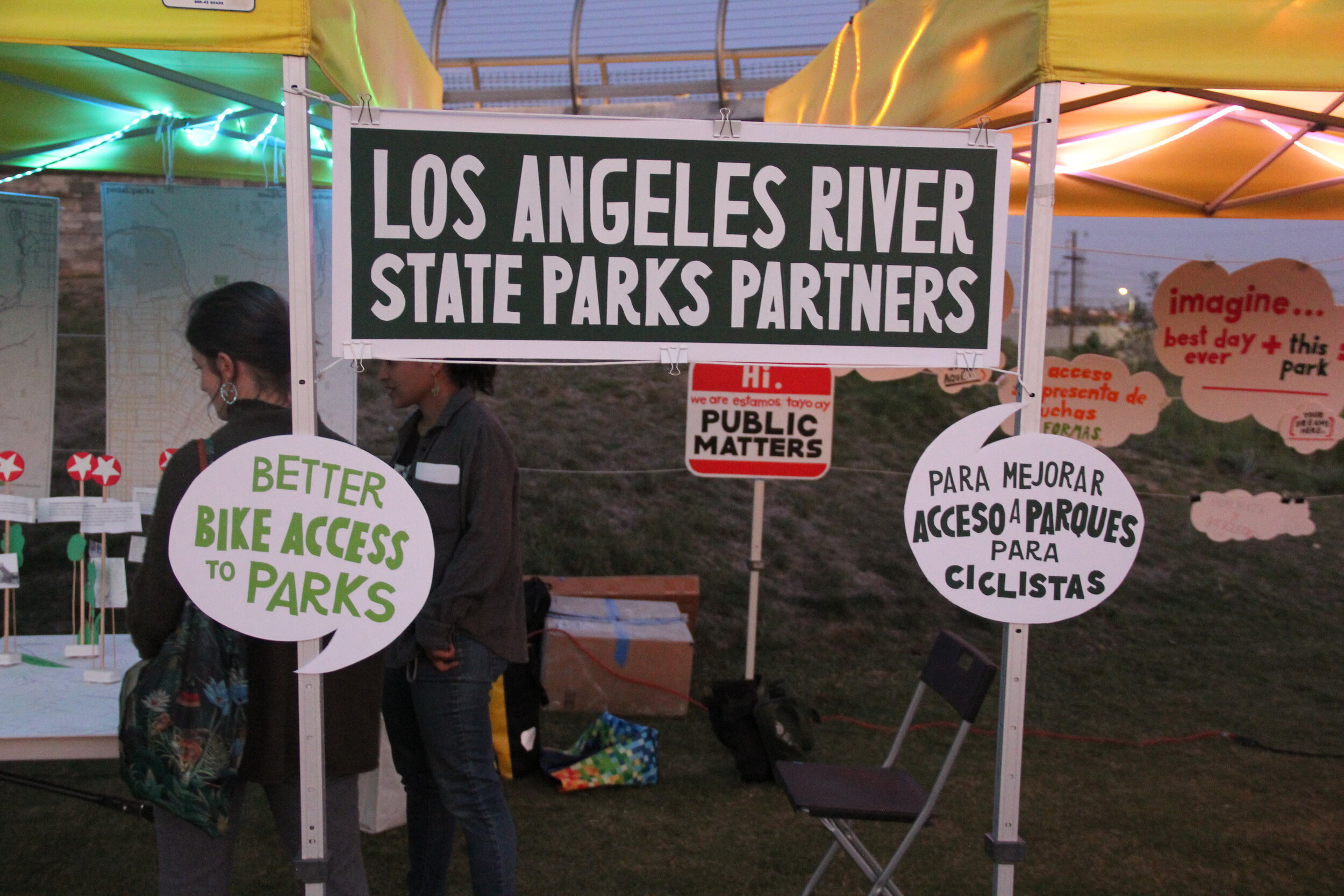 Signs at the pedal2parks welcomes Bike!Bike! Party in September 2018. (Photo: Los Angeles River State Park Partners)
