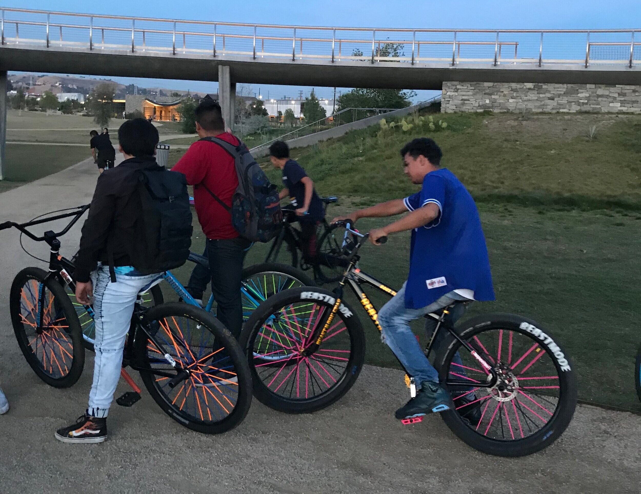 A group of young cyclists with road bikes stopping by Los Angeles State Historic Park's First Friday Campfire. (Photo: Los Angeles River State Park Partners)