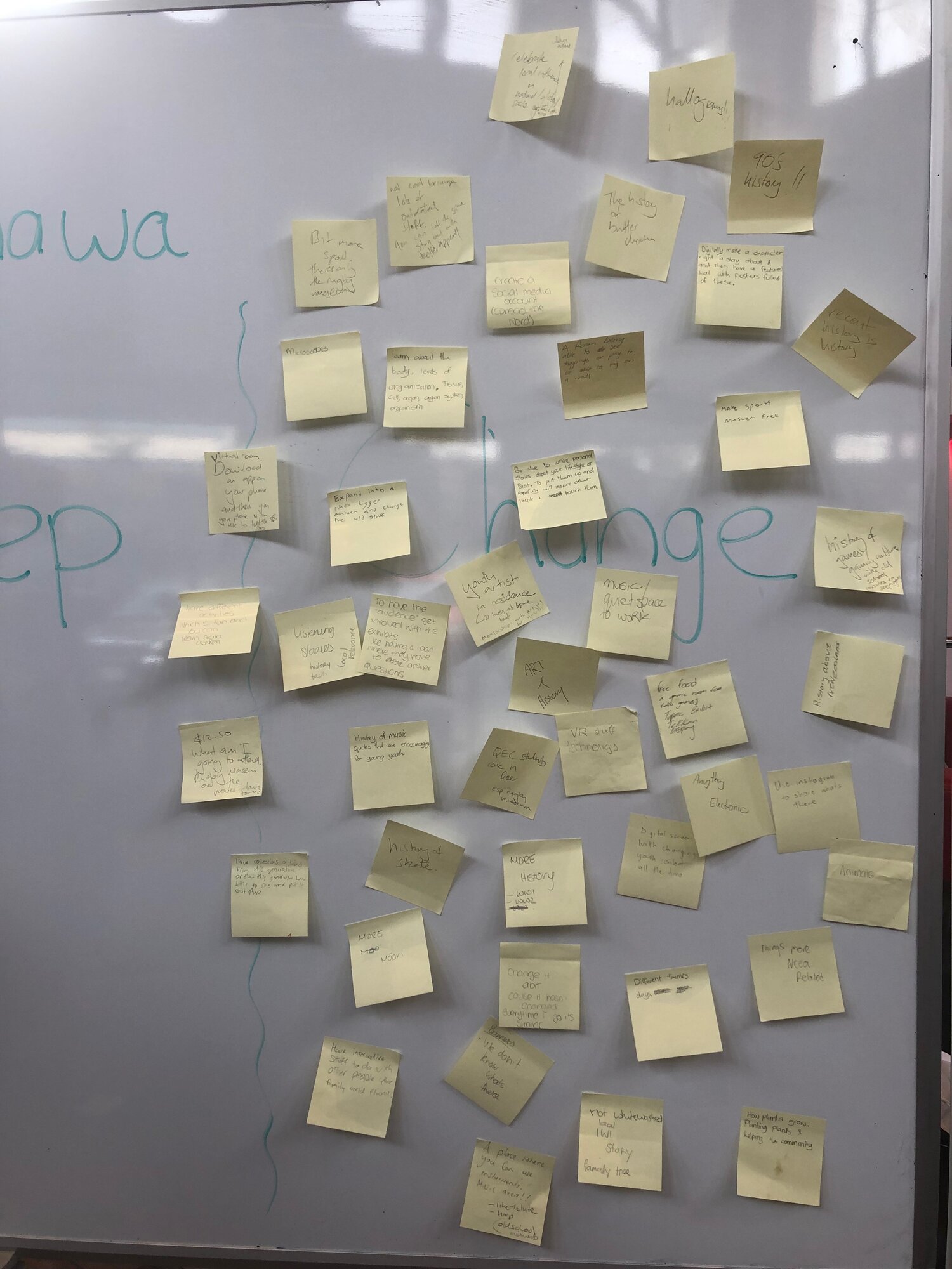 The Post-its on the board are the ideas generated by the young people during the Chuck, Keep, Change activity with Te Manawa staff (Photo: Youth Space)